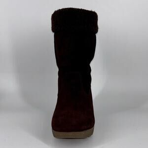 Lands’ End Women’s Suede Boots Brown 9D Faux Fur Lining Wedge Snow Winter EUC
